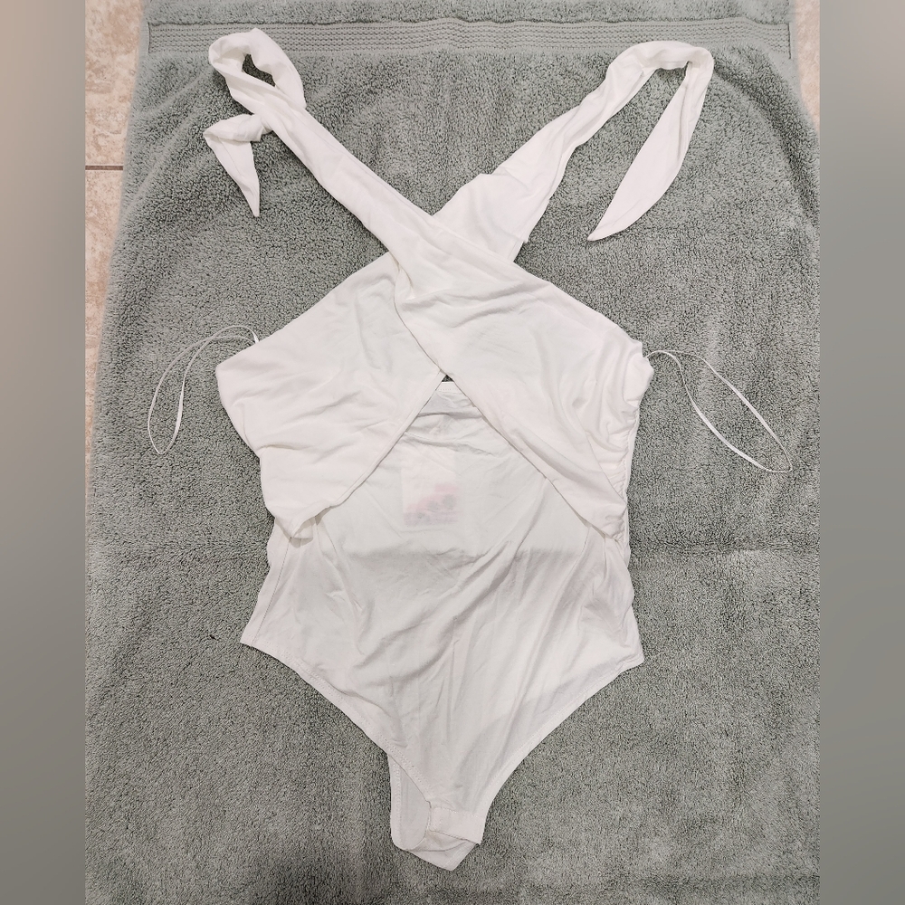 Dainty Hooligan White Bodysuit with Cross-Halter Neckline